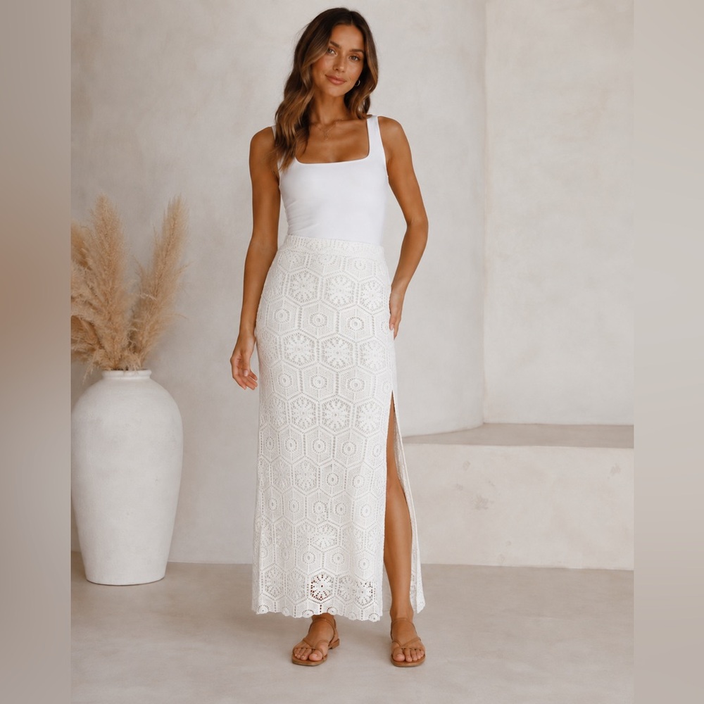 NEW APRICOT crochet lace maxi skirt with split in off white